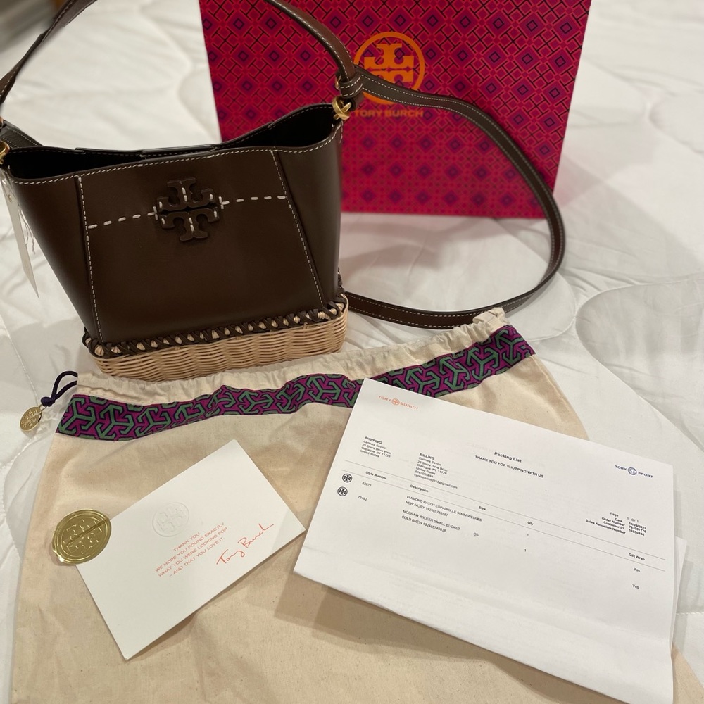 NEW NWT Tory Burch McGraw Small Wicker Bucket Bag Dk Brown Authentic